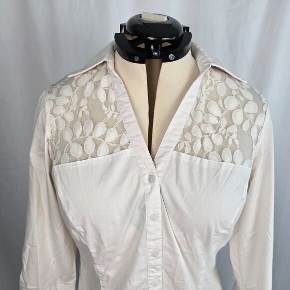Signature by Larry Levine Button Down Blouse Women's L White Lace Accent - Picture 3 of 16